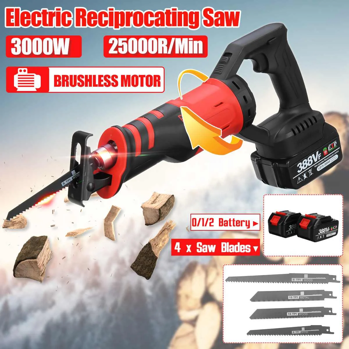 3000W Brushless Reciprocating Saw Electric Saw Cutting 3 Angle Modes Portable Cordless Power Tools For Makita 18V Battery
3000W Brushless Reciprocating Saw Electric Saw Cutting 3 Angle Modes Portable Cordless Power Tools For Makita 18V Battery