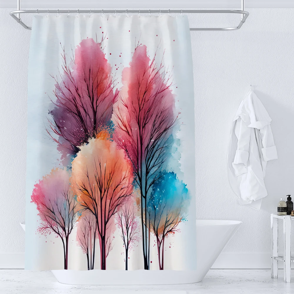 

Watercolor Art Trees Forest Shower Curtain Print Modern Nordic Minimalist Polyster Home Decor Bathroom Curtain with Hooks