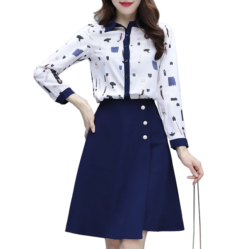 Summer Women's Skirt Suit Female Clothing Korean Fashion Print Long Sleeve Polo Collar Blouse Matching Mid Chiffon Set
Summer Women's Skirt Suit Female Clothing Korean Fashion Print Long Sleeve Polo Collar Blouse Matching Mid Chiffon Set