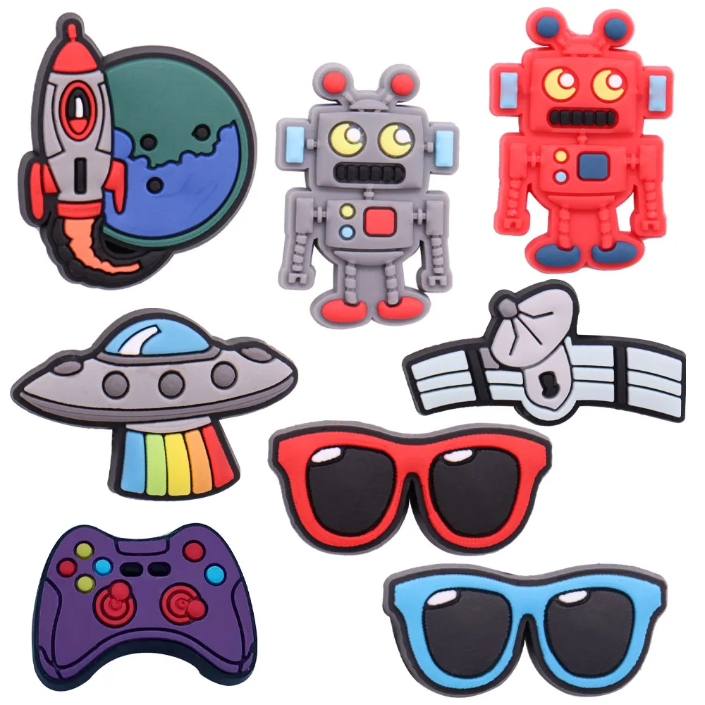 

Single Sale PVC Shoe Charms Robot Spaceship Rocket Satellite Crocs Slipper Accessories Garden Shoe Ornament Buckle For Kids Gift