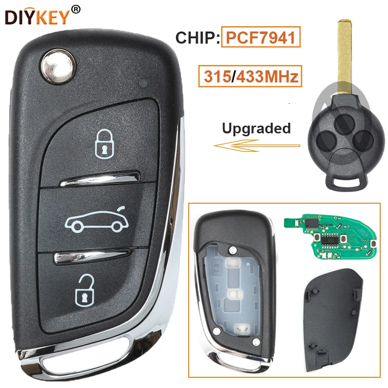 DIYKEY 315/433MHz 3 Buttons New Style Upgraded Flip Remote Car Key Fob Uncut Blade PCF7941 Chip for Smart Fortwo 451 2007-2015
DIYKEY 315/433MHz 3 Buttons New Style Upgraded Flip Remote Car Key Fob Uncut Blade PCF7941 Chip for Smart Fortwo 451 2007-2015