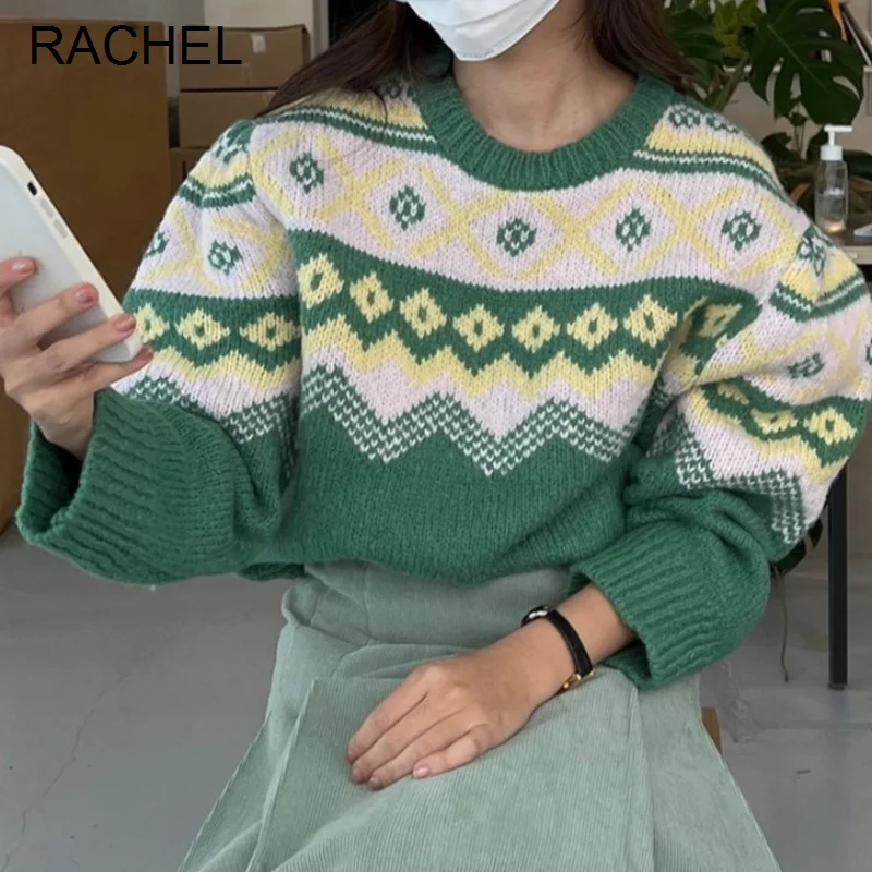 

Пуловер женский трикотажный в Корейском стиле, жаккардовый контрастный свободный свитер контрастной расцветки авокадо с круглым вырезом, ...