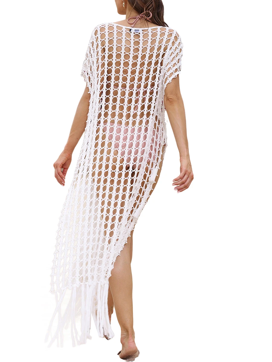

Женская Пляжная накидка, вязаное Прозрачное платье с вырезом и разрезом, с кисточками, для бикини, купальный костюм, летняя одежда
