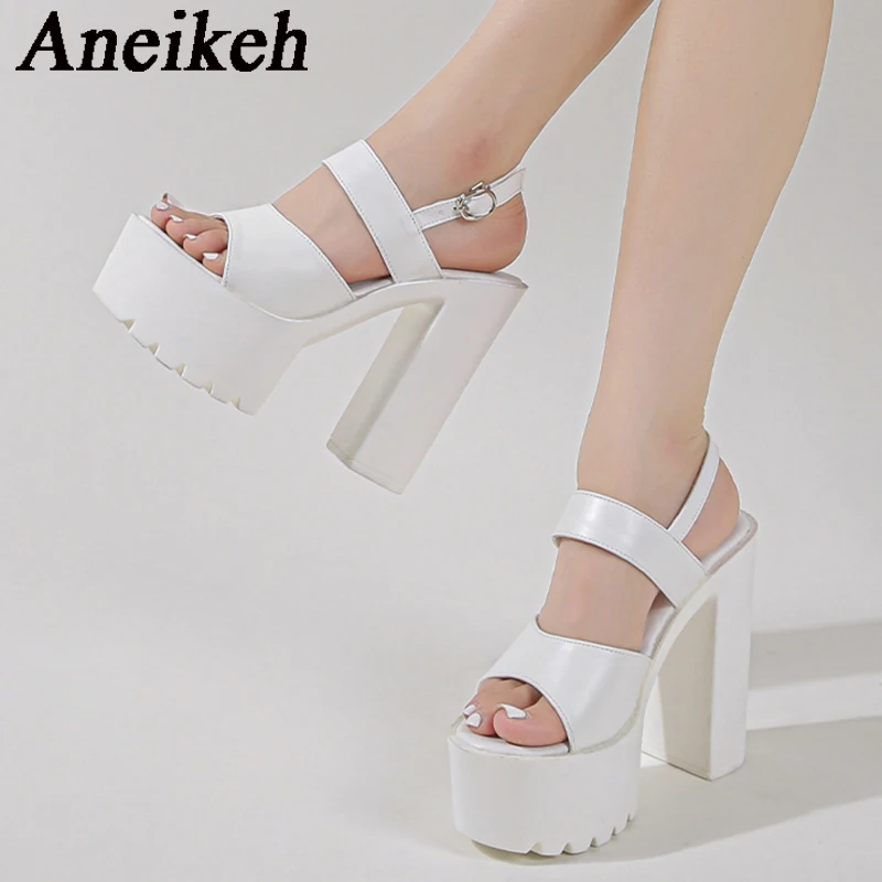 

Aneikeh 2024 элегантные пикантные сандалии на толстом каблуке с круглым носком и ремешком с пряжкой женские босоножки на платформе из искусственной кожи на очень высоком каблуке женское платье 34-43