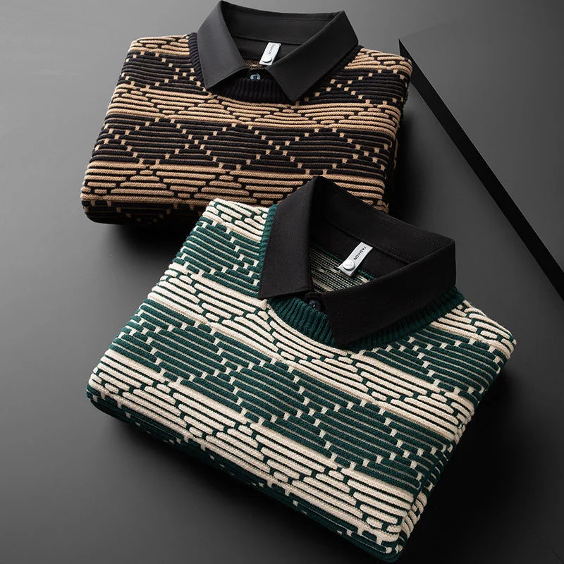 high-end Luxury design stripe jacquard fake two piece sweater for men 2023 winter thickening vintage trend shirt collar pullover
high-end Luxury design stripe jacquard fake two piece sweater for men 2023 winter thickening vintage trend shirt collar pullover