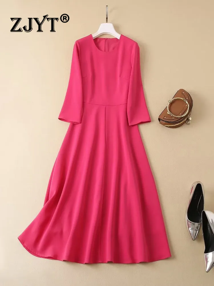 

ZJYT Runway Designer Elegant Autumn Party Dress for Women 2022 Three Quarter Sleeves Solid Aline Midi Vestidos Casual Fashion