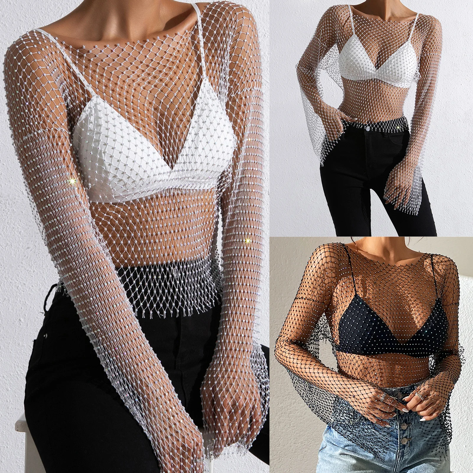Sexy Women Rhinestone T-shirt See-through Female Fishnet Diamond Crop Top Mesh Y2K Style Long Sleeve Round Neck for Seaside
Sexy Women Rhinestone T-shirt See-through Female Fishnet Diamond Crop Top Mesh Y2K Style Long Sleeve Round Neck for Seaside