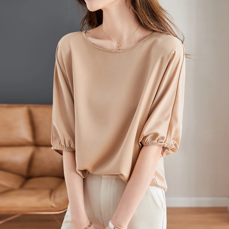 Summer 2023 New Half Sleeve Tops Elegant Office Lady Solid Color Shirt Korean Fashion Round Collar Blouse Loose Clothes 27232 
Summer 2023 New Half Sleeve Tops Elegant Office Lady Solid Color Shirt Korean Fashion Round Collar Blouse Loose Clothes 27232