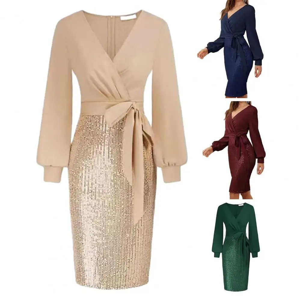 

Women Wrap V-neck Sequin Splicing Dress Elegant Slim Belted Waist Evening Elegant Cocktail Party Ruched Sexy Bodycon Midi Dress