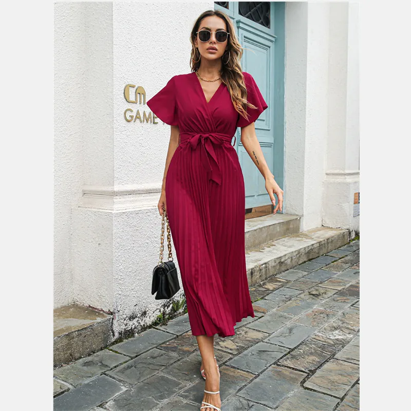 New Elegant Pleated Dress Fashion Office Lady Chiffon Maxi Dress Short Sleeve V-Neck Solid Color Bow Bandage Slim Dress Vestidos
New Elegant Pleated Dress Fashion Office Lady Chiffon Maxi Dress Short Sleeve V-Neck Solid Color Bow Bandage Slim Dress Vestidos