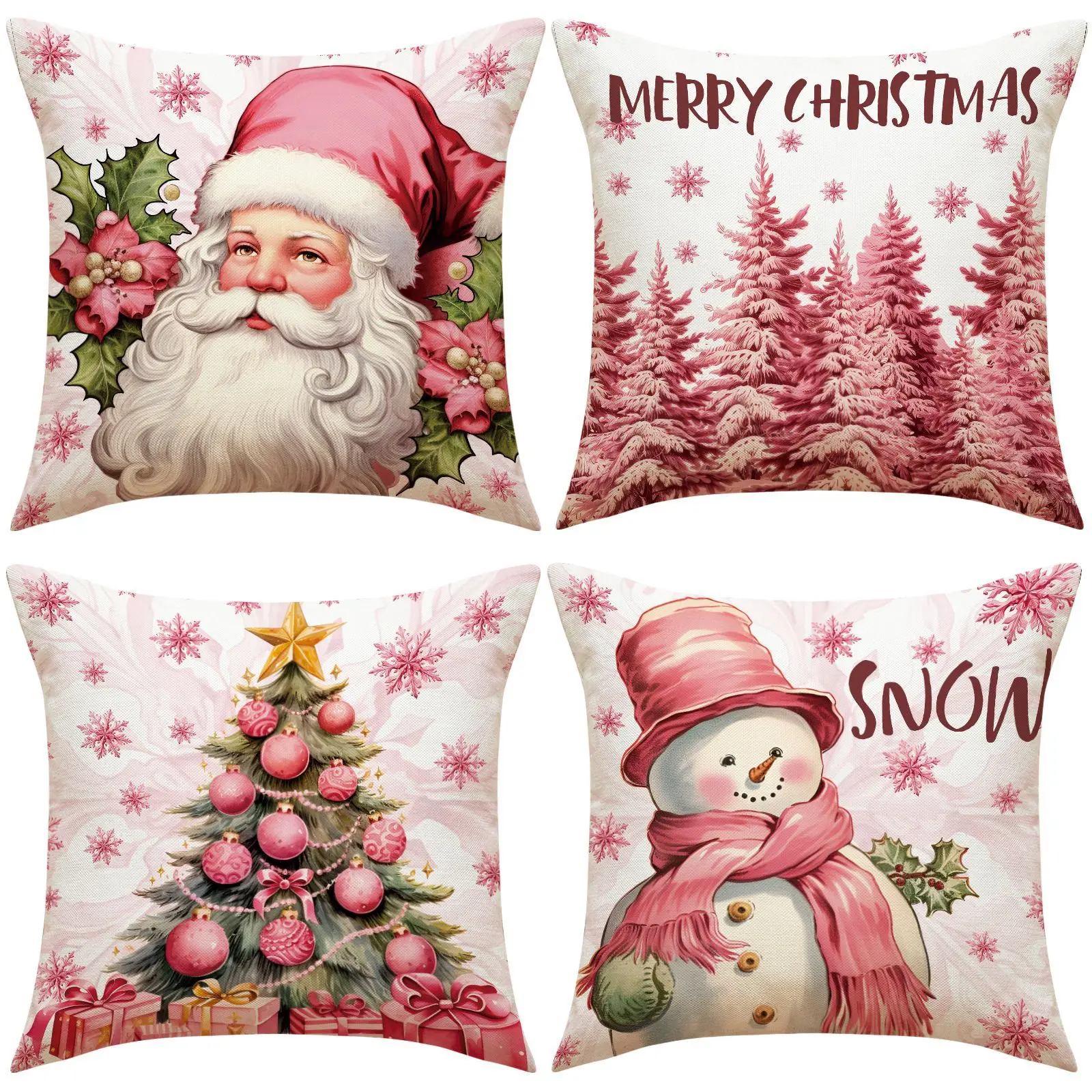 

45X45cm Christmas Pink Pillowcase Santa Claus Snowman Xmas Tree Linen Pillowcover Merry Christmas Decor For Sofa Cushion Cover