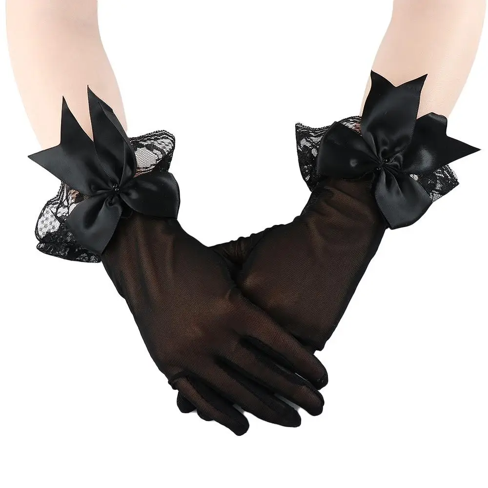 

Ladies Cosplay Accessories Black White Wrist Gloves Weddings Large Bownot Lace Gloves Bride Mittens Mesh Gloves