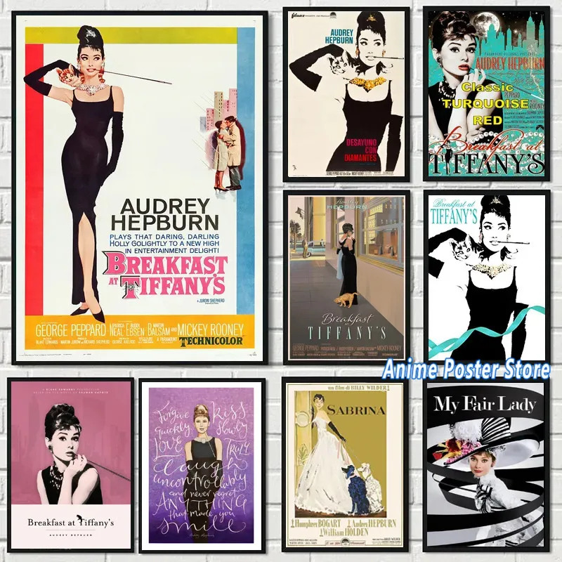 

A-Audrey H-Hepburn Breakfast At T-Tiffany's Vintage Movie Poster Print Wall art Pictures Canvas Painting Room Home Decor Cuadros