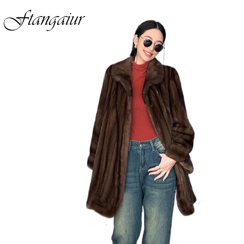 

Зимнее пальто Ftangaiur для женщин, импортное бархатное пальто из меха норки, женские пальто средней длины с расклешенными рукавами и отложным воротником из натурального меха норки