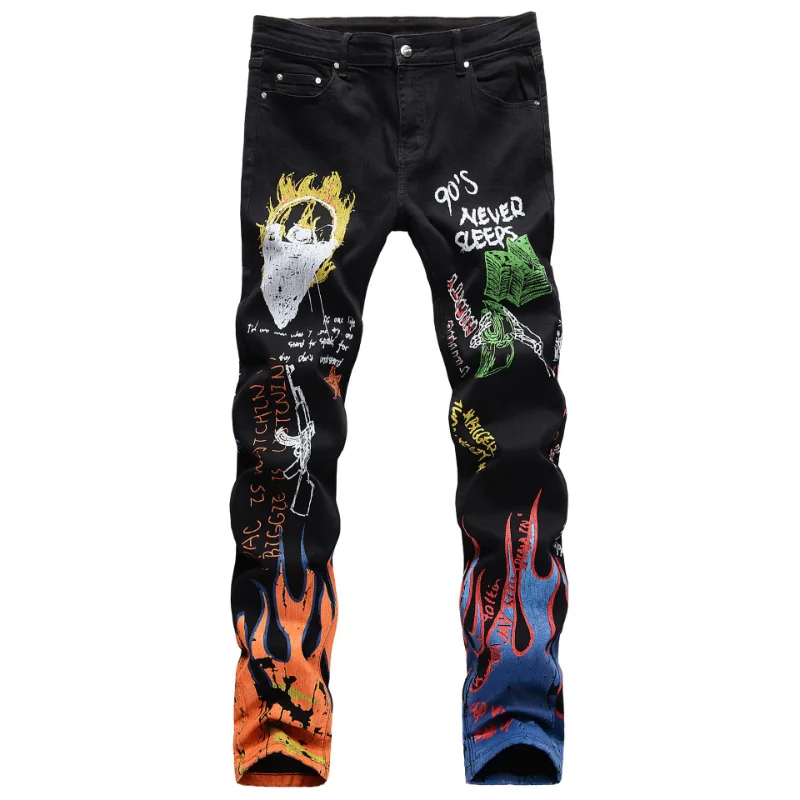 Men Letters Flame Printed Patterned Jeans Slim Straight Stretch Fashionable Graffiti Punk Rock Streetwear Hip Hop Jeans Pants
Men Letters Flame Printed Patterned Jeans Slim Straight Stretch Fashionable Graffiti Punk Rock Streetwear Hip Hop Jeans Pants