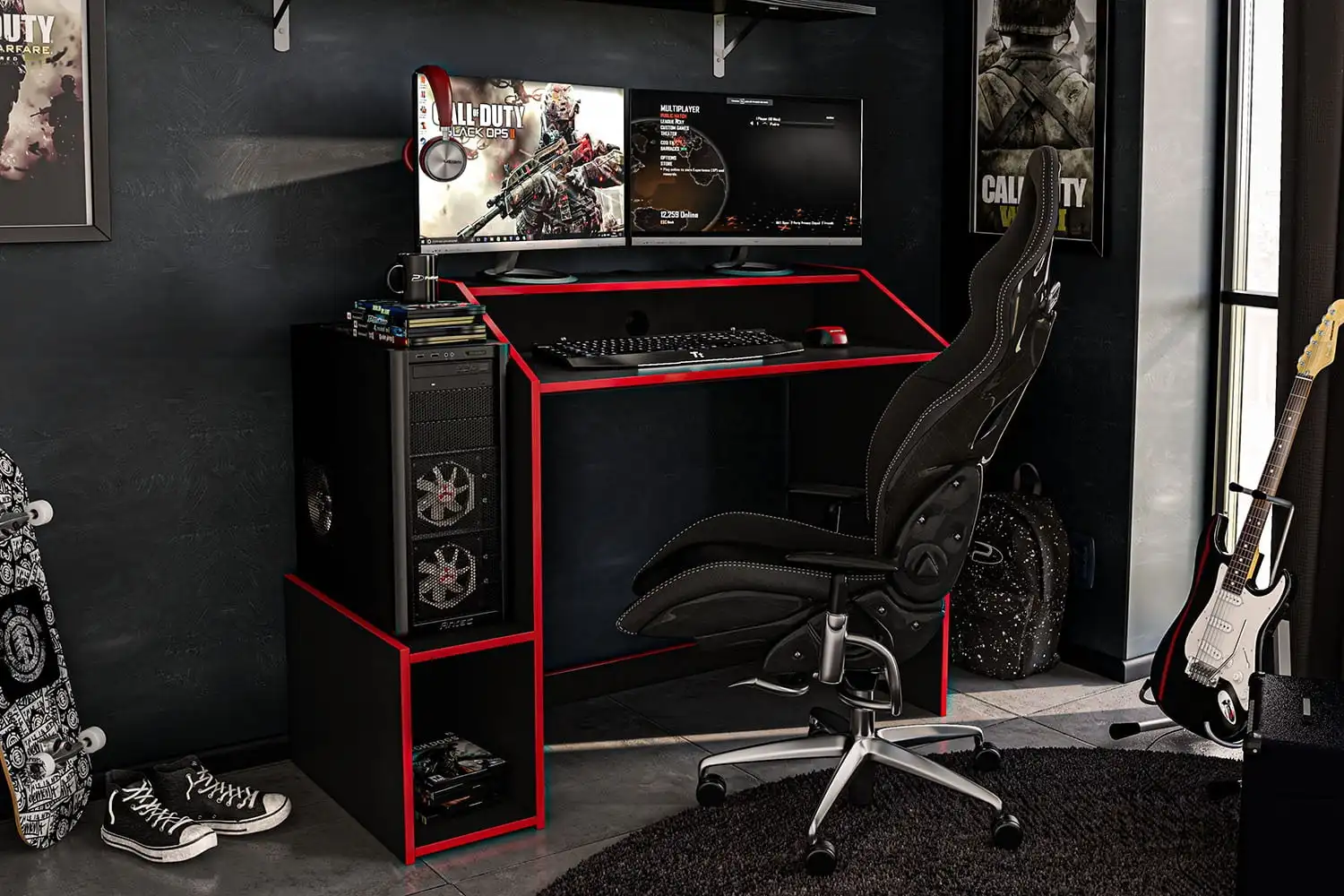 

Деревянный игровой стол Legend Modern, 45 дюймов, с подставкой для монитора, черно-красная отделка, для дома и офиса, игровой компьютерный письменный стол