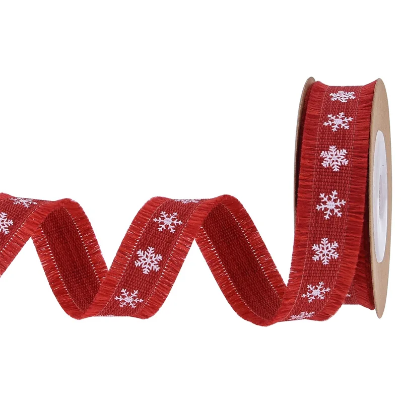 Ленточка для упаковки цветов и декора "Ретро красный снег на бежевом фоне в стиле Льняной Ткани Рождественские праздники" 1,5см/2,5см на 5 ярда.