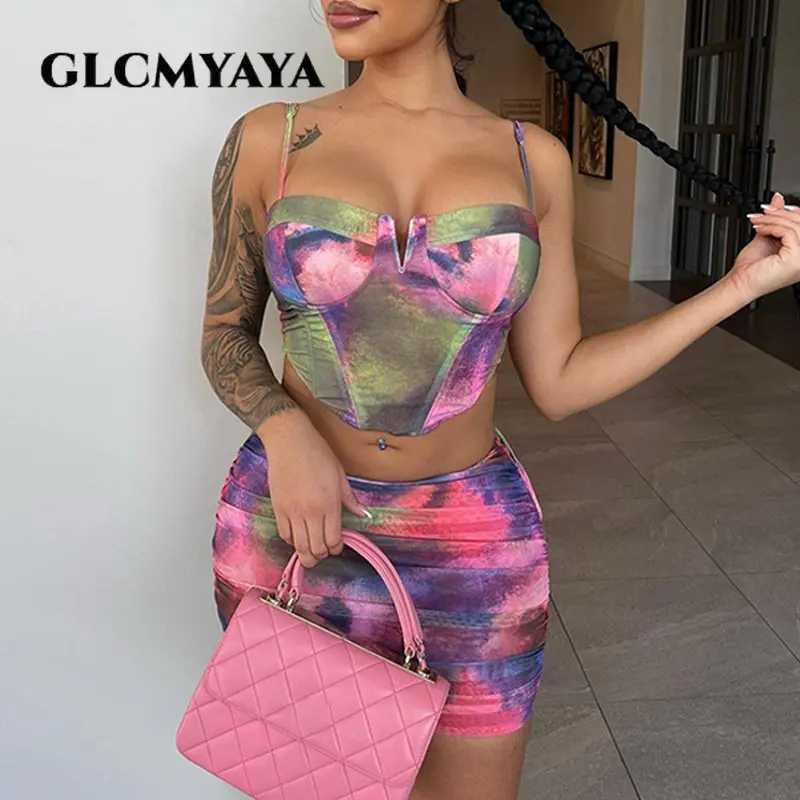

GLCMYAYA Vintage Women Body 3D Print Spaghetti Strap Sleeveless Hollow Out Crop Tops Skirt Suit 2023 Sexy Stacked 2 Piece Set