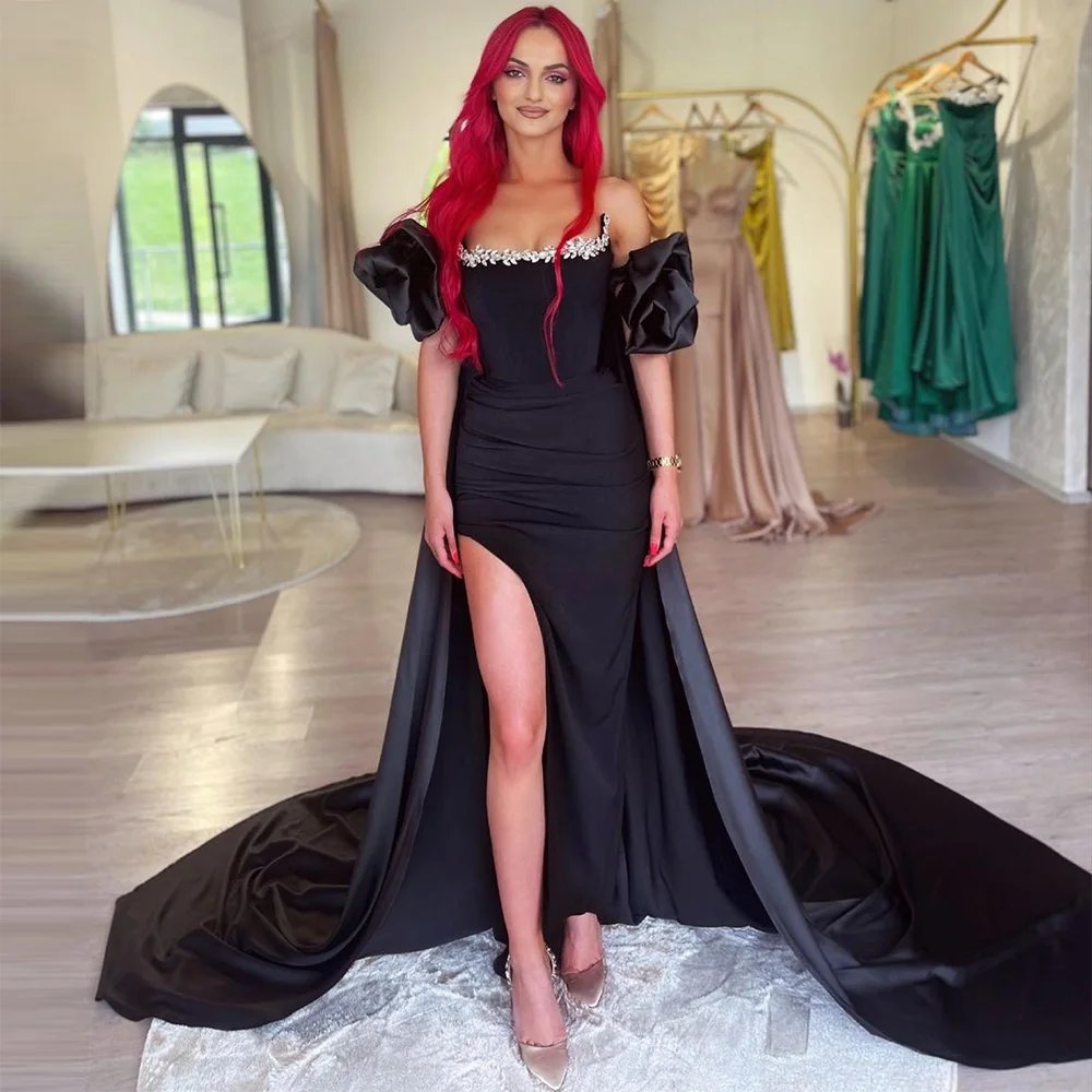 Sevintage Black Satin Mermaid Prom Dresses Crystal Beading Puff Sleeves High Side Split Pleat Evening Gown Engagement Dress
Sevintage Black Satin Mermaid Prom Dresses Crystal Beading Puff Sleeves High Side Split Pleat Evening Gown Engagement Dress