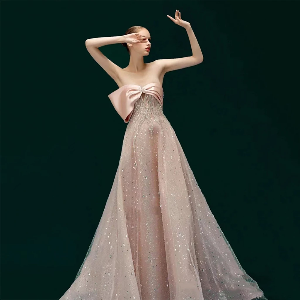 

Роскошное розовое платье для выпускного вечера без бретелек с бусинами и кристаллами и бантом, длинное ТРАПЕЦИЕВИДНОЕ Тюлевое вечернее пла...