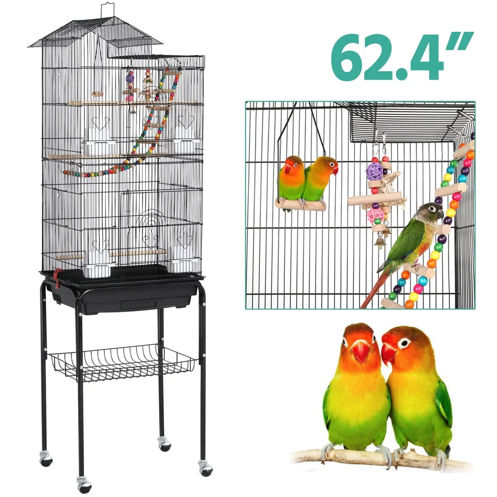 

62.5" Rolling Mid-Size Bird Cage with Perches, Black/Almond/Light Gray/White optional