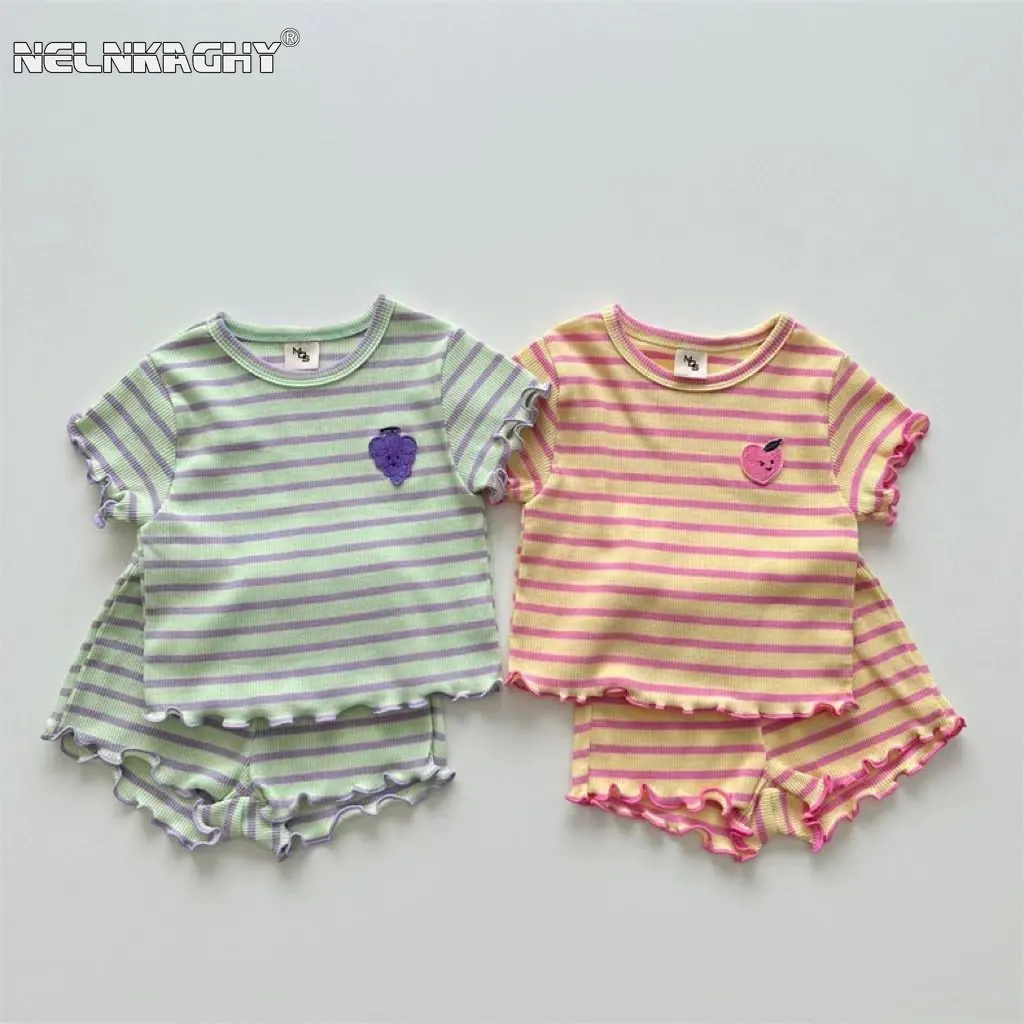 

Kids Baby Girls Short Sleeve Stripe Patch Fruit Stringy Selvedge Top T-shirts+shorts Infant Toddler Cotton Clothing Set 2pcs 아동복