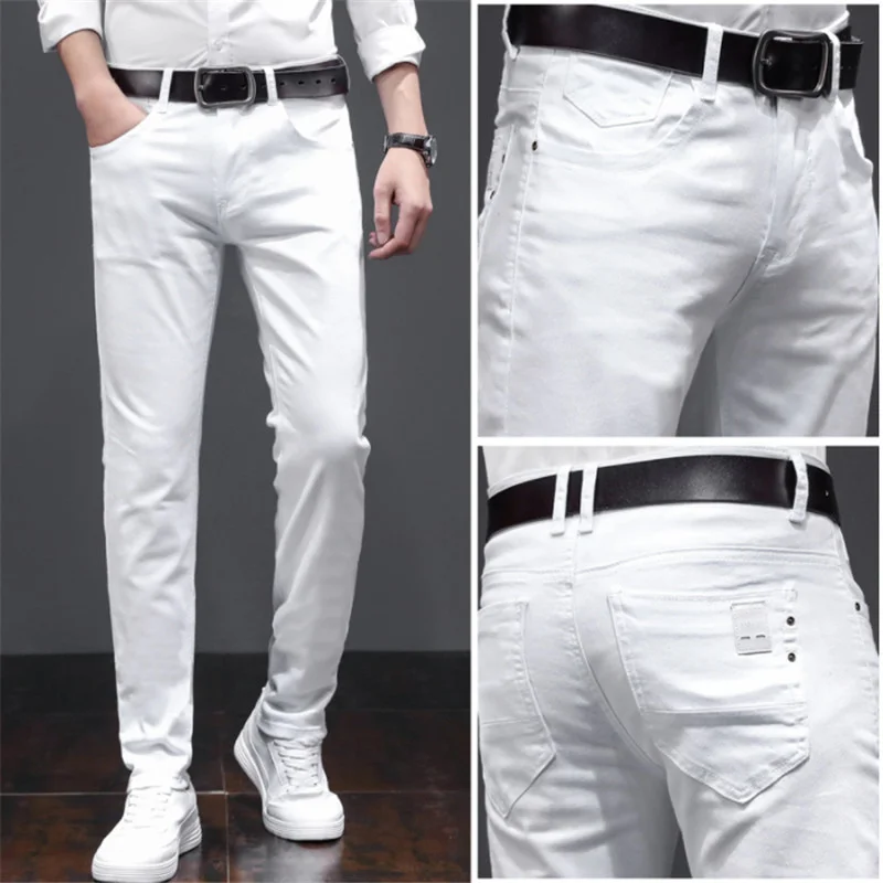 

Джинсы мужские классические, классические брюки из белого денима, облегающие прямые джинсы в деловом стиле, повседневная брендовая одежда женской модели 28-38