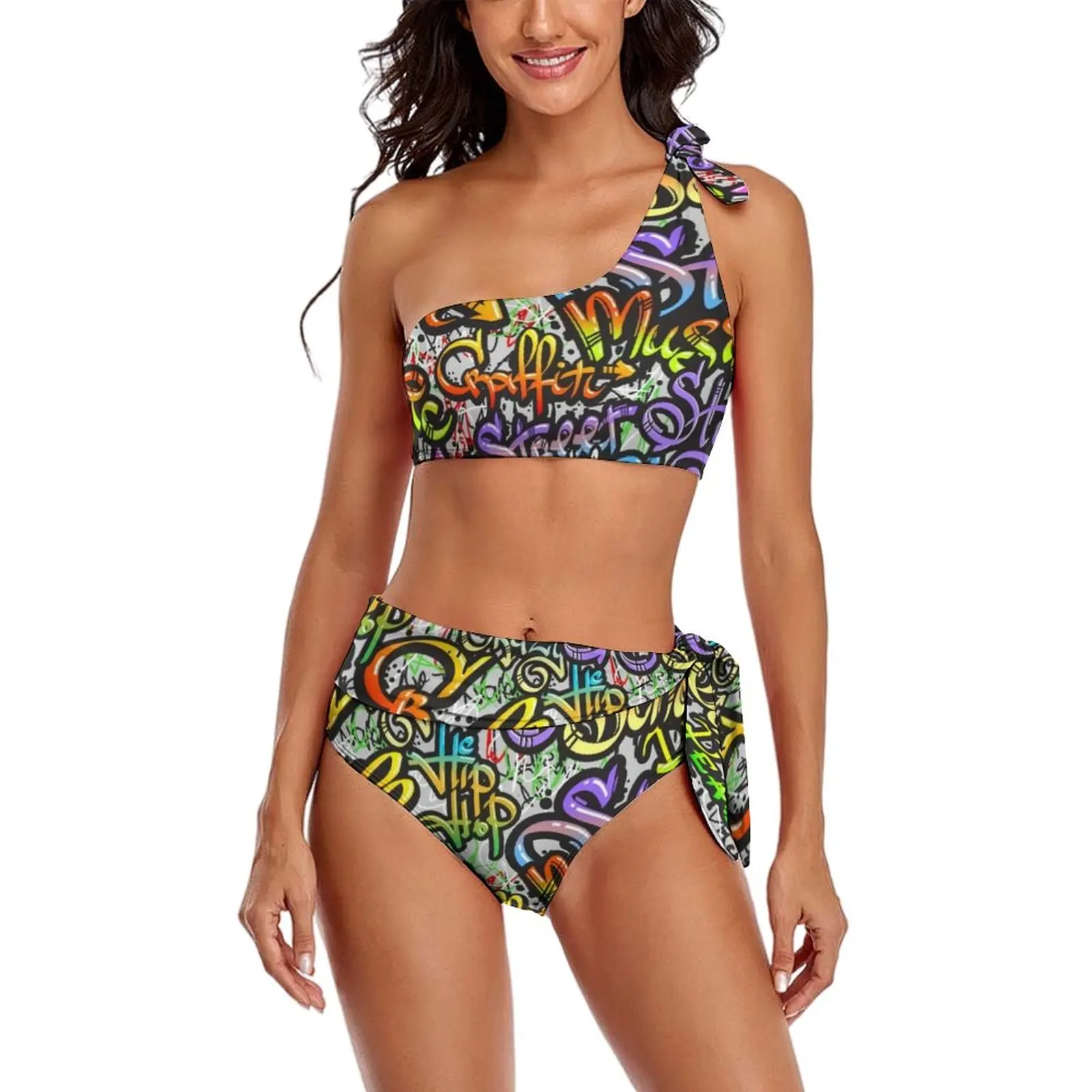 

Word Graffiti Street Bikini Swimsuit Letter Print High Waist Swimwear Sexy Print Bikinis Set Women Push Up Bathing Suit Biquini