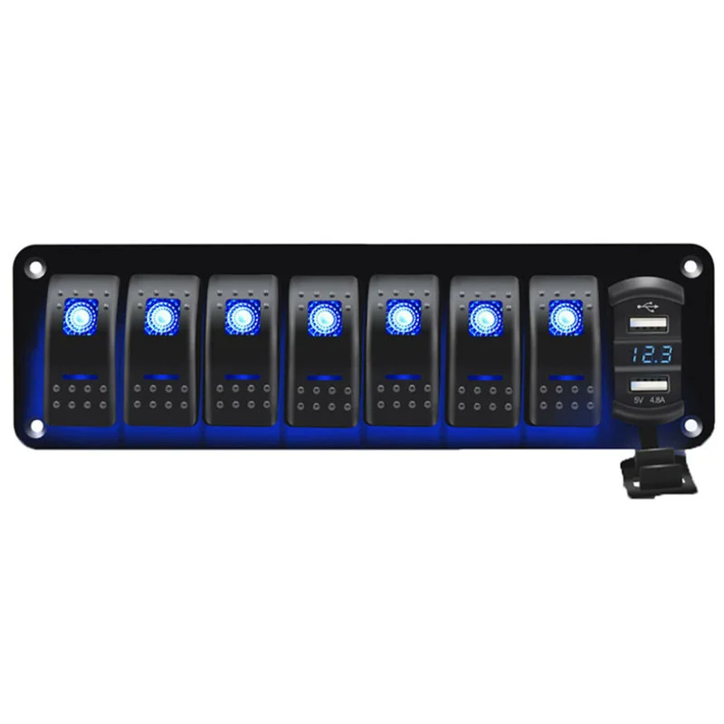 7 Gang Rocker Switch Aluminum Panel with 4.8 Amps Dual USB Fast Charger with Voltmeter, Blue Backlit Led, Pre-Wired
7 Gang Rocker Switch Aluminum Panel with 4.8 Amps Dual USB Fast Charger with Voltmeter, Blue Backlit Led, Pre-Wired