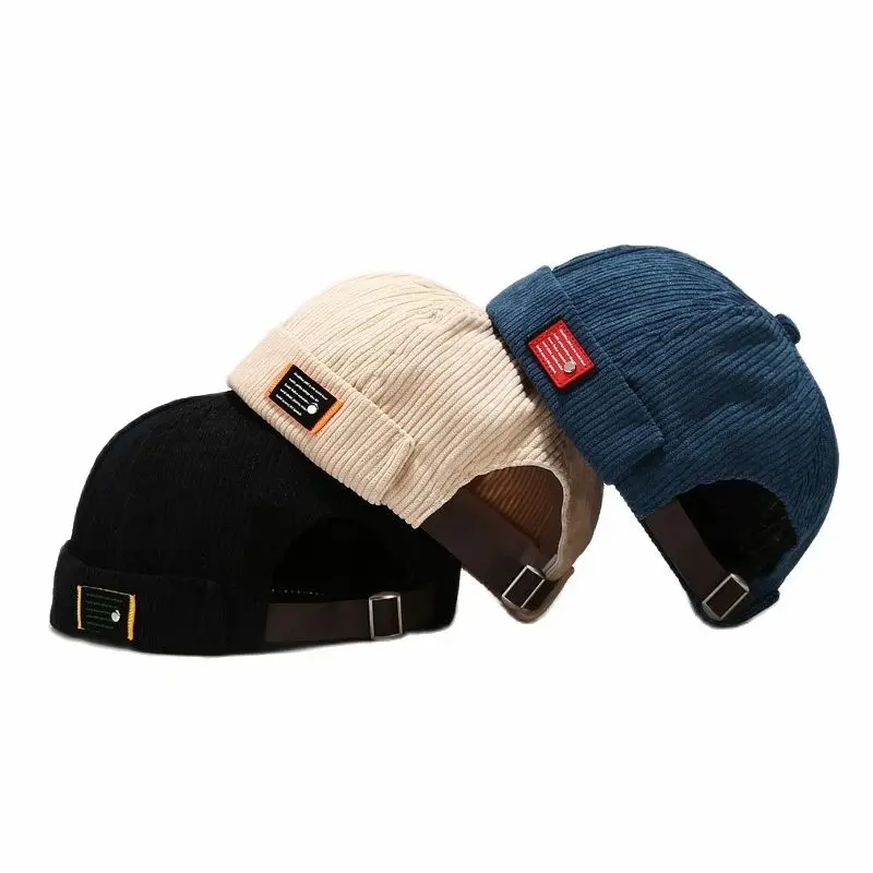 

Retro Men Women Adjustable Hat Brim Corduroy Brimless Hats Rolled Cuff Men Docker Caps Bonnets for Men Beanies Hip Hop Cap