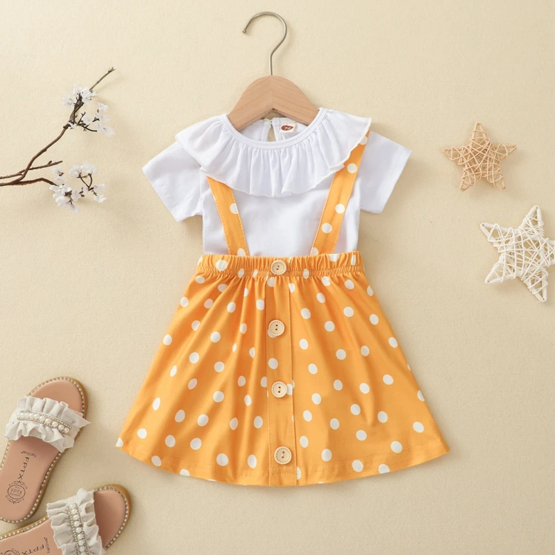 Summer Kid Girls Two Pieces Clothes Outfit Ruffle T-Shirt Dot Printed Strap Skirt Baby Clothing Sets
Summer Kid Girls Two Pieces Clothes Outfit Ruffle T-Shirt Dot Printed Strap Skirt Baby Clothing Sets