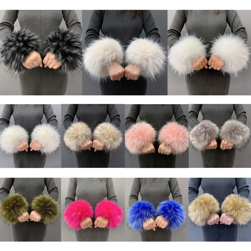 

449B Women Winter Wrist Warmers Faux Fur Cuffs Soft Warm Fluffy Bands for Cold Weather Elastic Closure Fits Most Adults