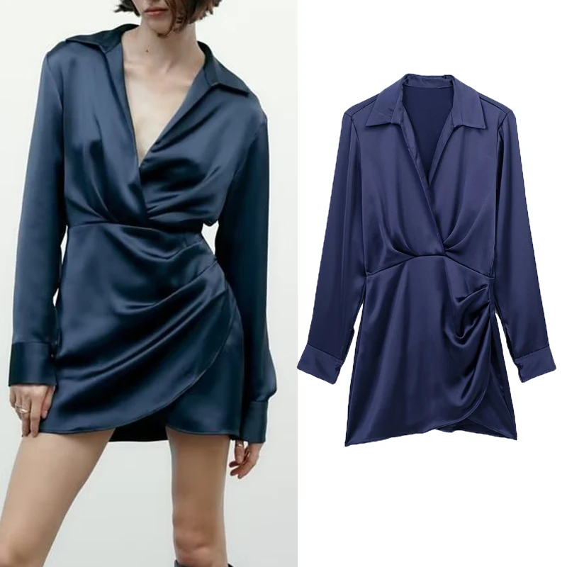 Женское атласное платье с длинными рукавами, короткое приталенное платье с V-образным вырезом и складками, Осень-зима 2022
Женское атласное платье с длинными рукавами, короткое приталенное платье с V-образным вырезом и складками, Осень-зима 2022