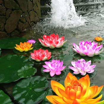 Fish Tank Pool Decoration Simulate Water Lily with 2-layer Flower Petals Water Lily Leaves mini Solar Fountain Round 18CM/28CM