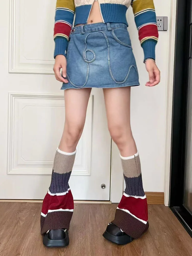 

Японские кавайные расклешенные гетры для ног, женские полосатые вязаные гетры в стиле гранж в стиле Харадзюку, винтажные длинные носки до колена Y2K