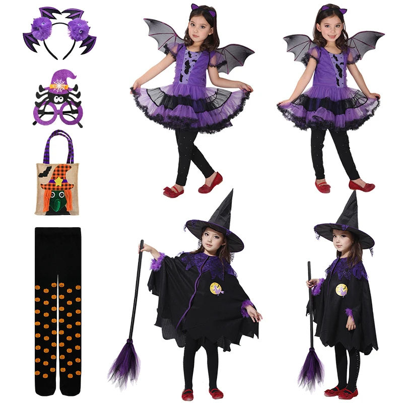

Детский костюм ведьмы вампира на Хэллоуин, комплект детской одежды, карнавальные костюмы для косплея, костюм для выпускного вечера, леггинсы, Сумка с тыквой