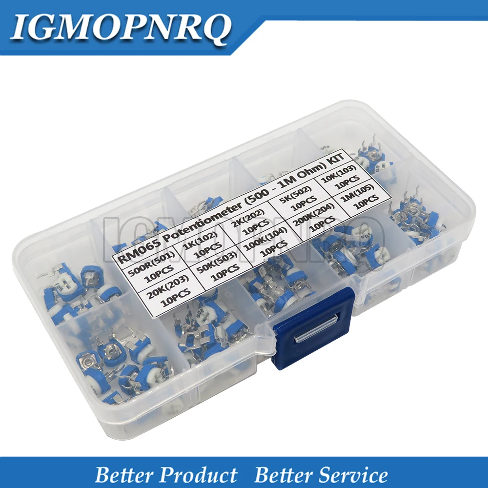 100PCS 10Values *10PCS RM065 Vertical Adjustable Resistor Kit In Box 500 ohm-1M ohm Multiturn Trimmer Potentiometer Set
100PCS 10Values *10PCS RM065 Vertical Adjustable Resistor Kit In Box 500 ohm-1M ohm Multiturn Trimmer Potentiometer Set