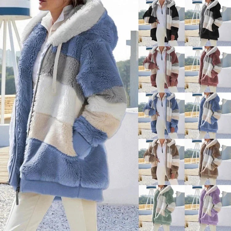 Europe and America 2023 Autumn and Winter Warm Plush Panel Zipper Pocket Hooded Loose Coat Women
Europe and America 2023 Autumn and Winter Warm Plush Panel Zipper Pocket Hooded Loose Coat Women