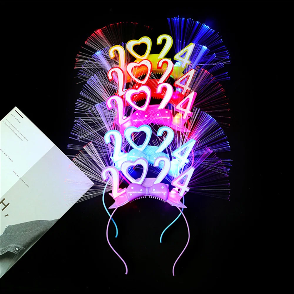 

2024 Happy New Year Digital Crown Glowing Headband LED Hair Hoop New Year's Eve Party Props Flashing Fiber Optic Hair Bands