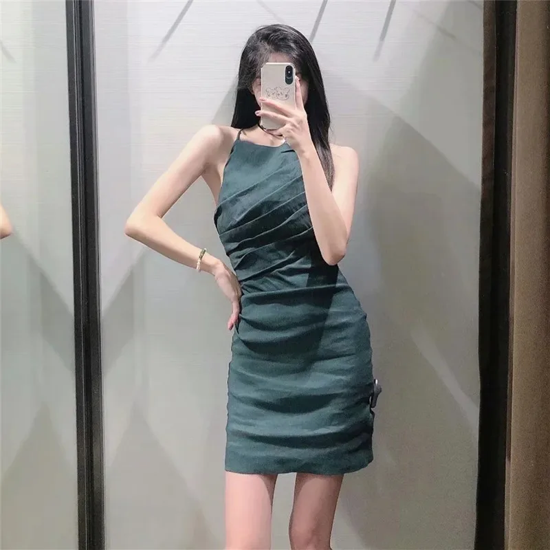 2022 Woman Summer Short Dresses Ruched Dress Ladies Sexy Sleeveless Strap Mini Backless Sundress Women Green Slip Dress
2022 Woman Summer Short Dresses Ruched Dress Ladies Sexy Sleeveless Strap Mini Backless Sundress Women Green Slip Dress