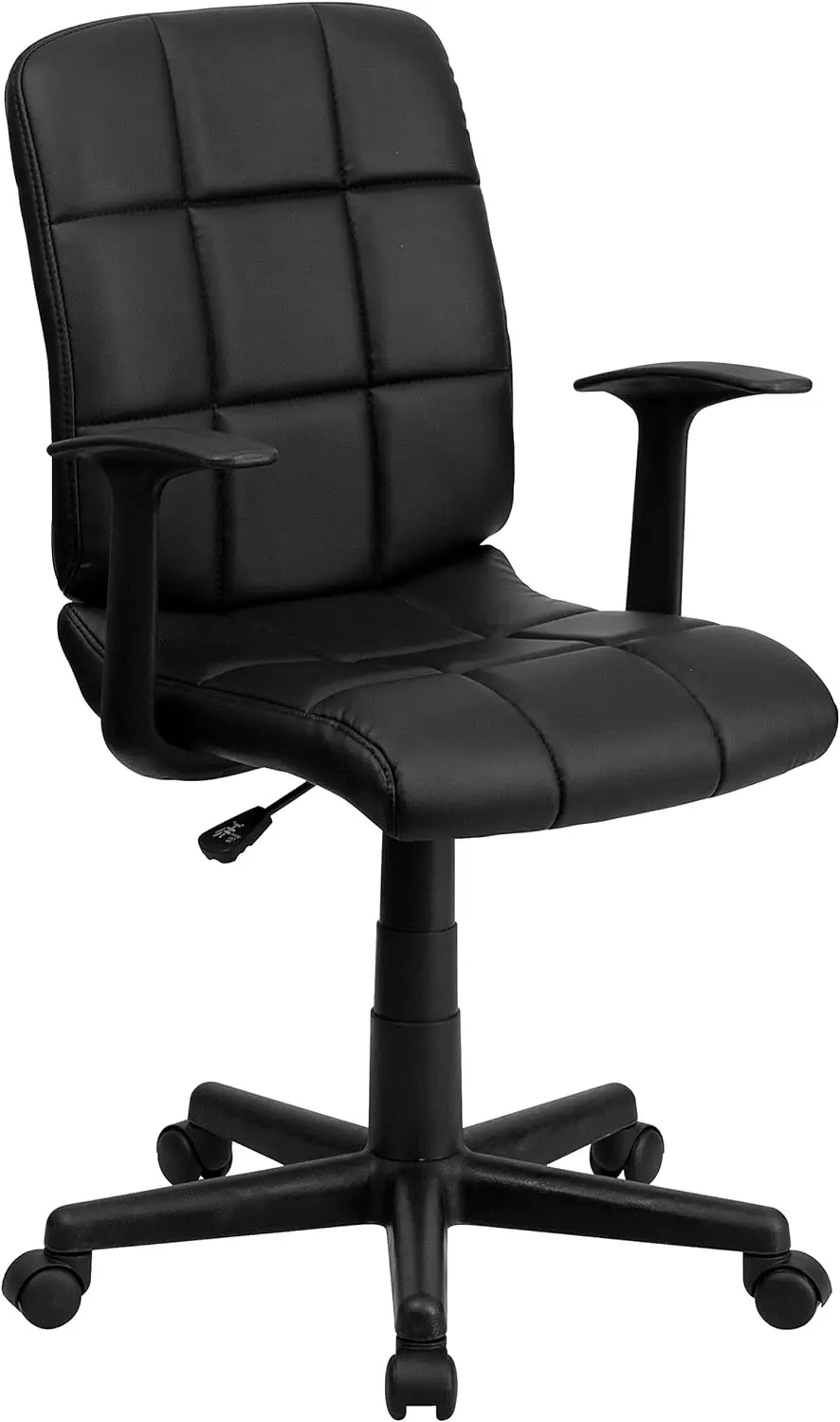 Mid-Back Black Quilted Vinyl Swivel Task Office Chair with Arms
Mid-Back Black Quilted Vinyl Swivel Task Office Chair with Arms