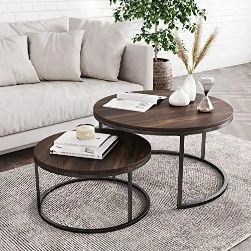 

Round Modern Nesting Coffee Set of 2, Stacking Living Room Accent Tables with an Industrial Wood Finish and Powder Coated Metal