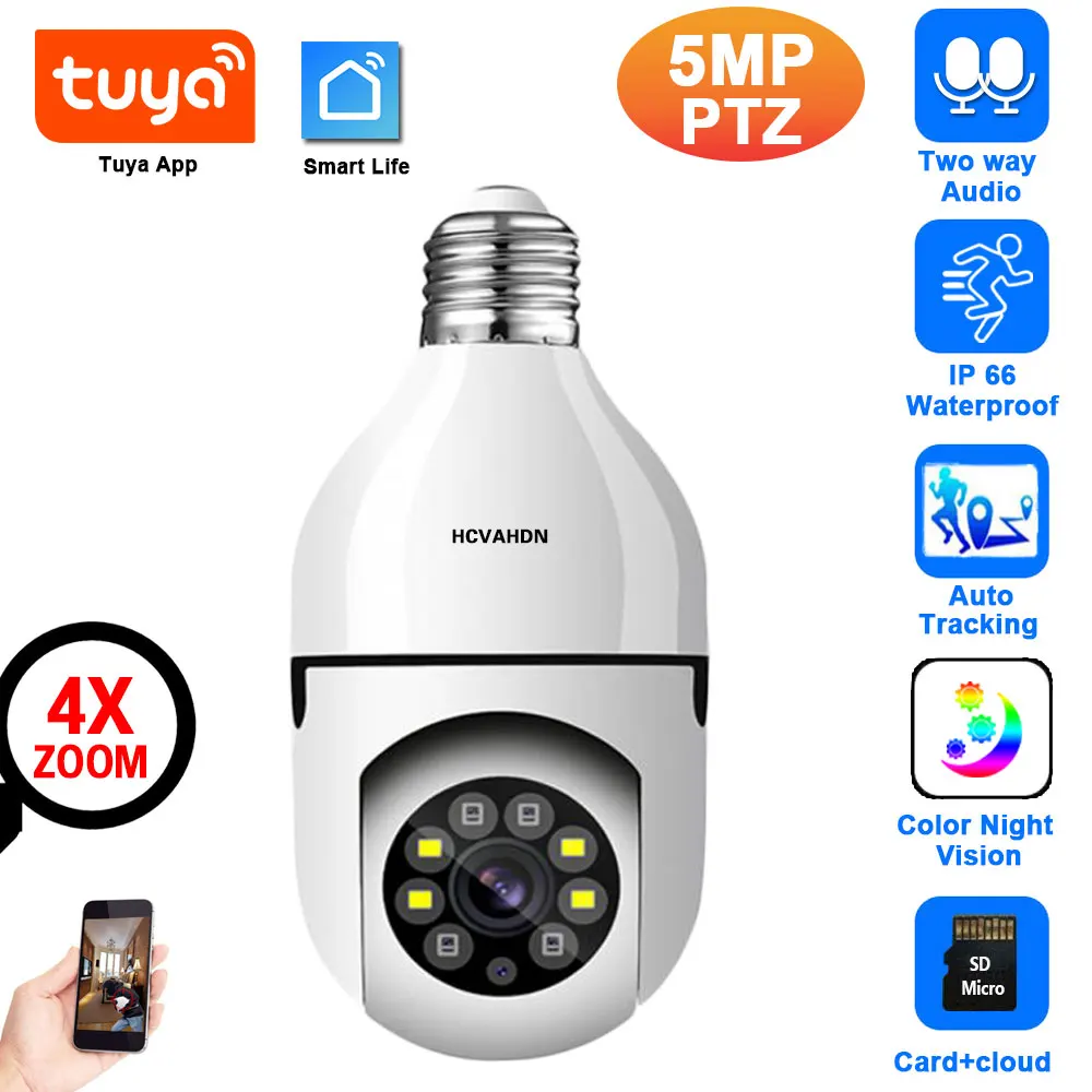 5MP Wifi PTZ Camera Tuya Smart 360°Panorama Light Bulb Cam Color night vision Wireless CCTV IP Camera video Surveillance 4X Zoom
5MP Wifi PTZ Camera Tuya Smart 360°Panorama Light Bulb Cam Color night vision Wireless CCTV IP Camera video Surveillance 4X Zoom