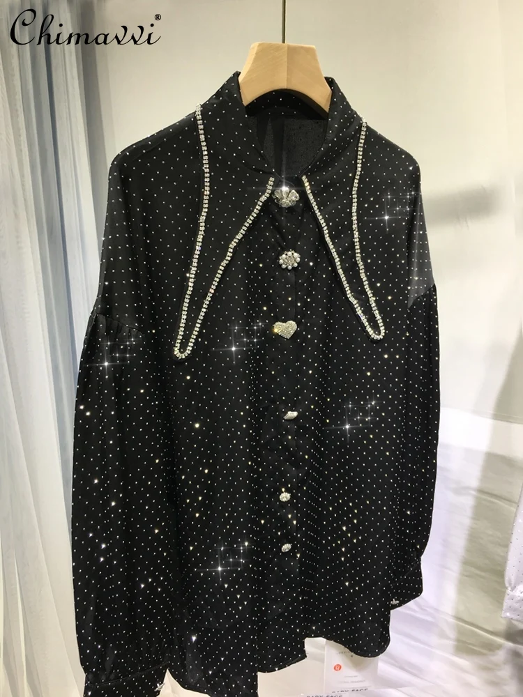 European Ladies Autumn Fashion Embroidery Hot Drilling Shirt Women's Elegant Luxury Beaded Lapel Long Sleeve Loose Blouses Top
European Ladies Autumn Fashion Embroidery Hot Drilling Shirt Women's Elegant Luxury Beaded Lapel Long Sleeve Loose Blouses Top