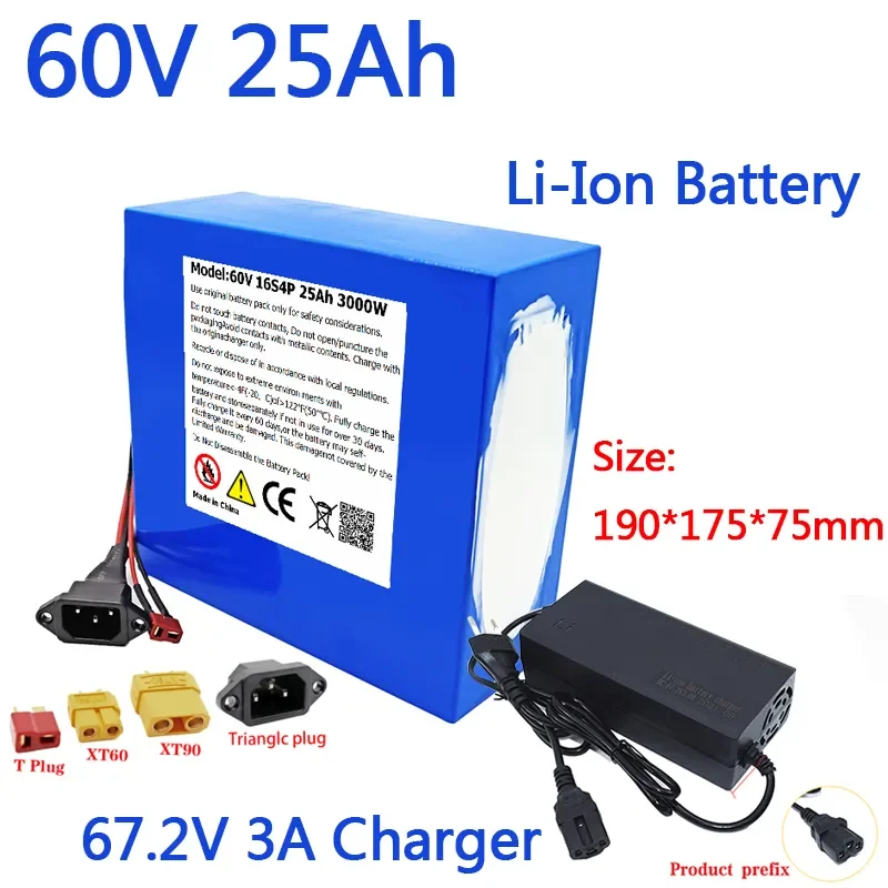 60V 25Ah Electric Bike 21700 Battery for Scooter Motorcycle 67.2V 16S4P 3000W rechargeable battery with same port BMS charger
60V 25Ah Electric Bike 21700 Battery for Scooter Motorcycle 67.2V 16S4P 3000W rechargeable battery with same port BMS charger