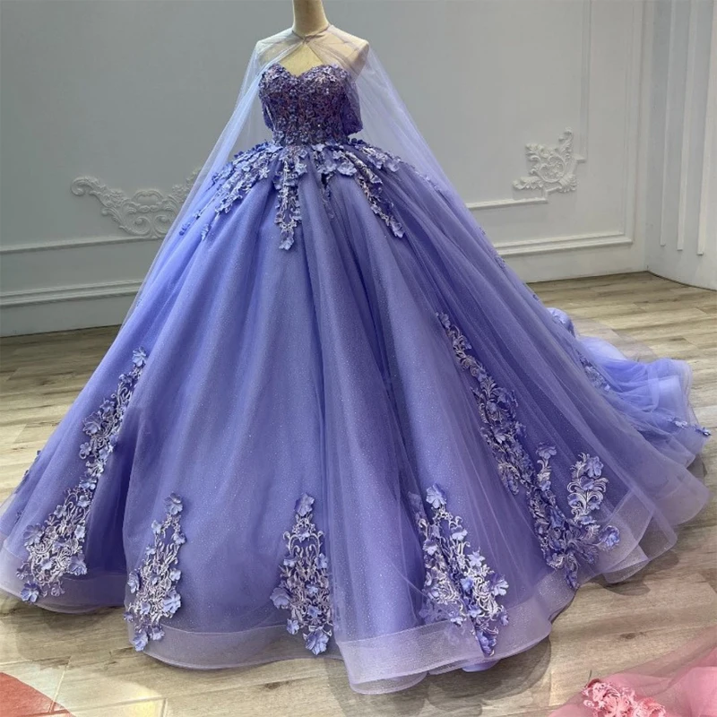 

Фиолетовое платье для девушек, роскошное платье с 3D цветочной аппликацией и накидкой с кристаллами, для принцессы, для дня рождения, вечерние Vestidos de 15 лет, корсет