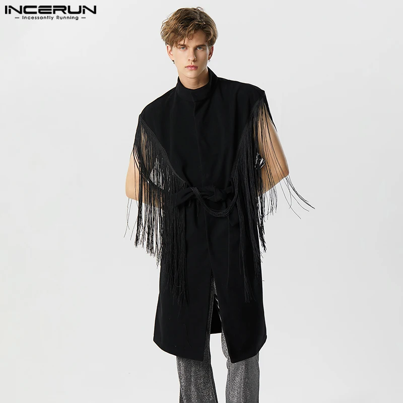 

Men Cloak Coats Tassel Patchwork Stand Collar 2023 Sleeveless Trench Long Style Ponchos With Belt Streetwear Waistcoats INCERUN