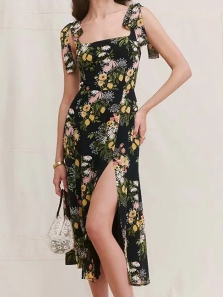 

Retro French Style Black Flower Print Slit Dress Adjust Tie Bow Strap Tank Dress Sexy Holiday Robe Hem Split Women Vestido