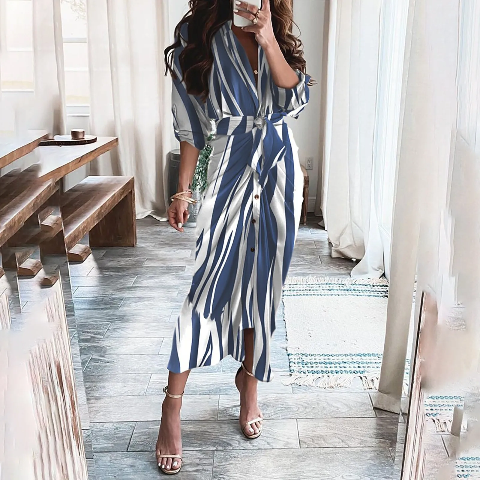 Women'S V-Neck Button Female Clothing Fashion Loose Print Lace-Up Waist-Length Sleeve Dress Elegant 2023 Office Lady Commuting
Women'S V-Neck Button Female Clothing Fashion Loose Print Lace-Up Waist-Length Sleeve Dress Elegant 2023 Office Lady Commuting