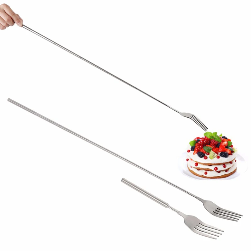 

Silver Stainless Telescopic Extendable Fork Dinner Fruit Dessert Long Cutlery Forks BBQ Meat Fork Kitchen Dinnerware Tableware